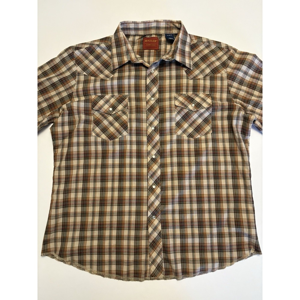 Rustler Western Shirt Mens XL Brown Plaid Pearl Snap Long Tails Cowboy Yoke